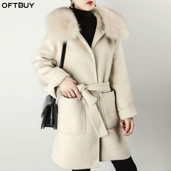 

oftbuy spring real fur coat winter jacket women natural fur collar cashmere wool blends long beige grey pockets belt ladies, Black