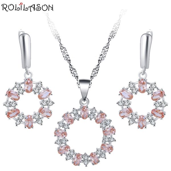 

rolilason simple style orange round crystal zircon 925 silver inlay earrings / necklace / pendant fashion party gift js798