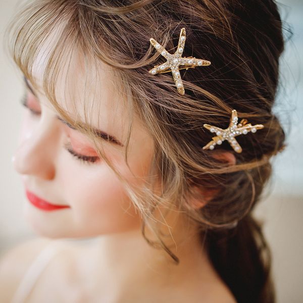 

gold color metal starfish hair clips barrettes simulated pearls beaded headdress girls performance birthday headwear side clip, Golden;white