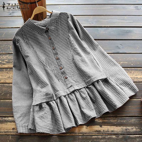 

2020 оен пѬовеѬи ruffled блђза zanzea vintage plaid локђна Ѭђбаки женин длиннм Ѭђкав, White