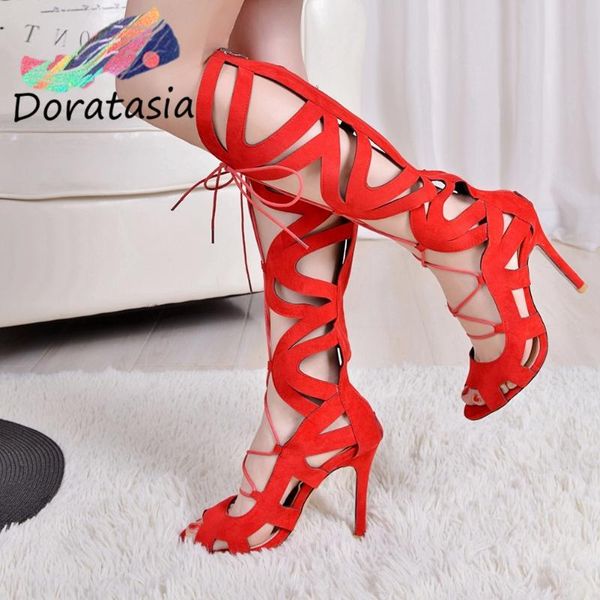 

doratasia high thin heels gladiator shoes summer cool hollow sandals women party wedding knee high rome sandals, Black