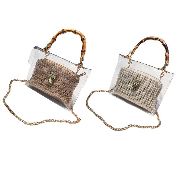 

2 pcs transparent bag for women handbag with bamboo handle summer small chain crossbody bags ladies straw beach bags (khaki & be