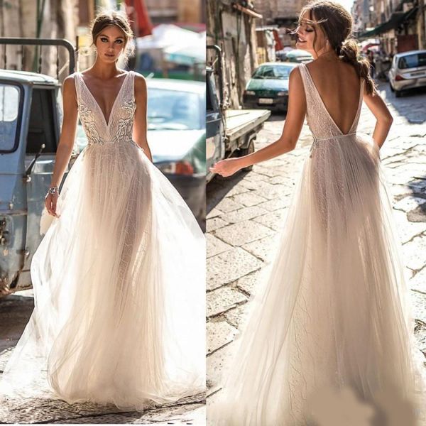 

berta 2020 lace wedding dresses backless v neckline illusion bodice floor length open back bridal gowns, White