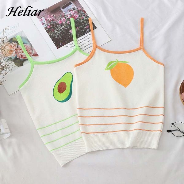 

heliar spaghetti camisoles 2019 summer female knitted striped o-neck tanks women fruit printed camisole sleeveless femme camis, White