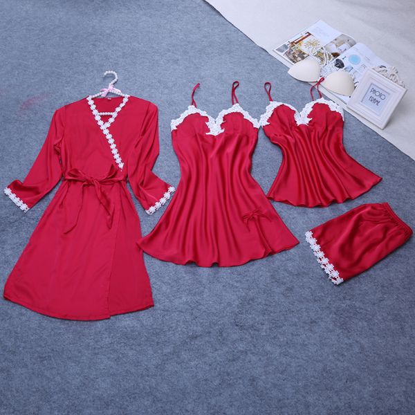 

red spring robe kimono sleepwear sleep sets womens 4pcs strap pants suit casual home wear pajamas nightwear bath gown, Blue;gray