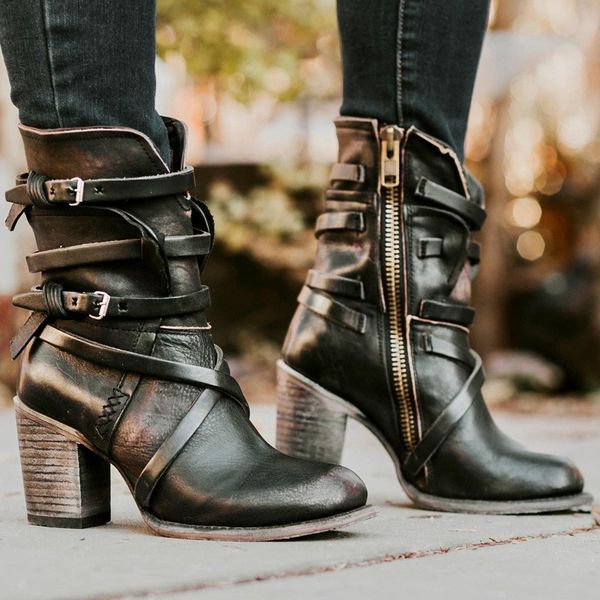 

oeak 2019 women's boots high-heeled pointed shoes multi-layer buckle back zipper solid color retro shoes fashion, Black