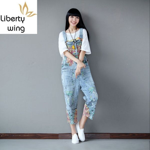 

summer new calf length jeans prairie chic straight loose denim overalls for women flower pattern vintage rompers womens jumpsuit, Blue