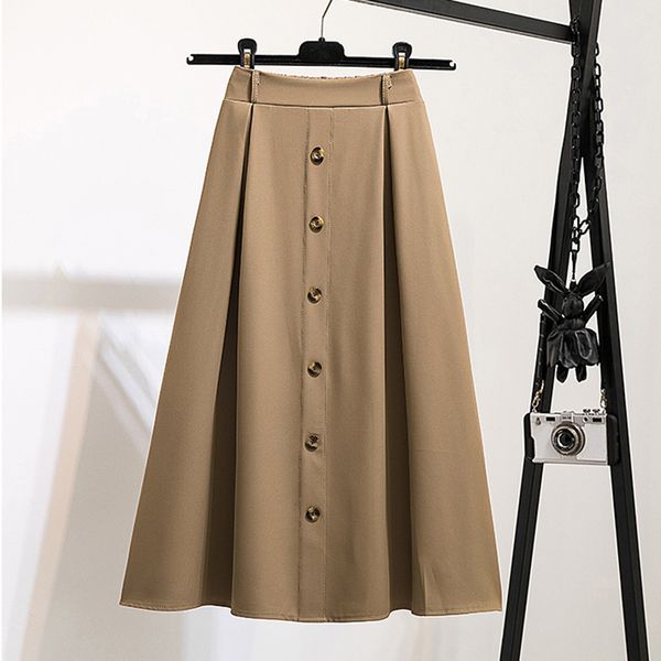 

summer womens skirt a-line elegent elastic wiast single breasted loose midi skirt black plus size femme