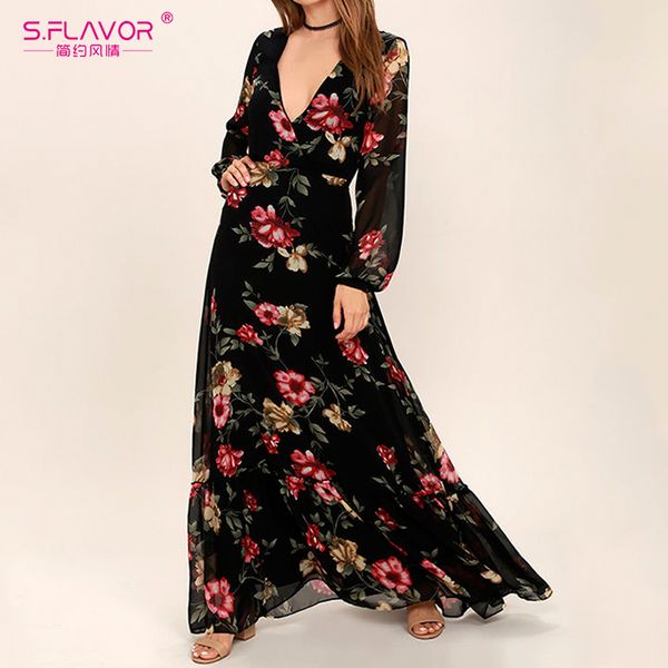 

s.flavor мода богемских женщин длинного платье цветочный printed v-образного вырез sexy maxi vestidos женщины весна лето шифона платье, Black;gray