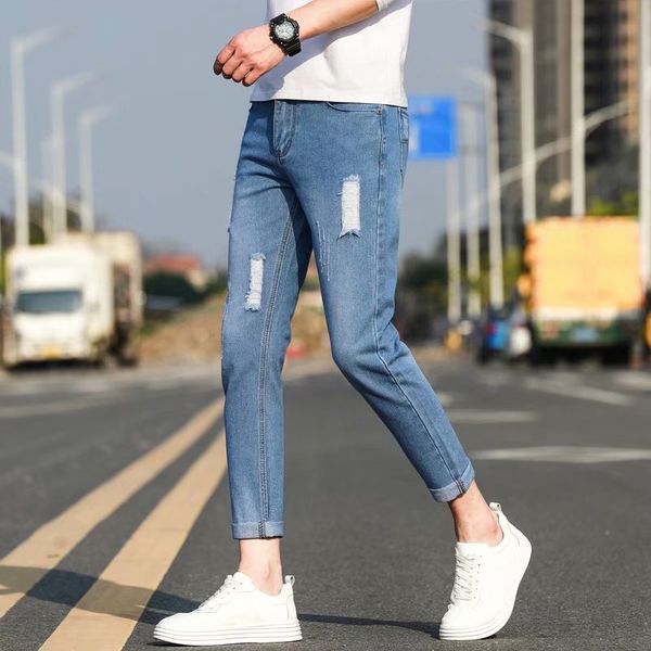 

men's jeans hong kong ripped hole summer slim elastic small feet pants straight korean thin casual trousers, Blue