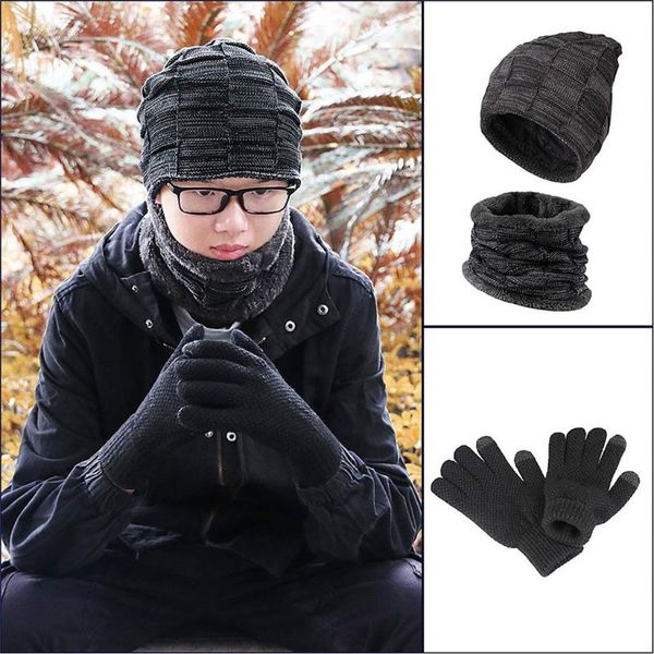 

knitted hat scarf gloves set winter thick warm screen mittens beanie cap set fashion leisure personality comfortable, Blue;gray