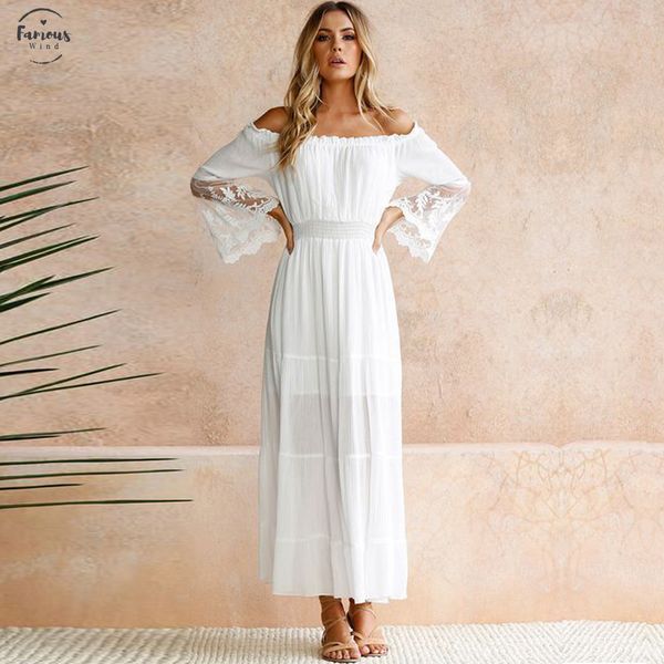 

2020 summer sundress women white beach long dress strapless off shoulder long sleeve loose lace boho maxi dress, Black;gray