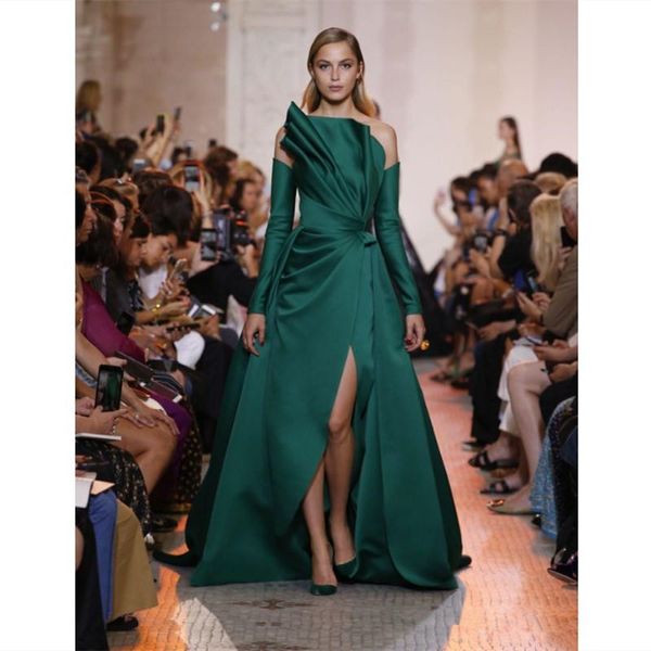 

2019 зеленое атласное платье hunter line вечерние платья с длинными рукавами выпускное платье по индивидуальному заказу с разрезом zuhair mu, Black