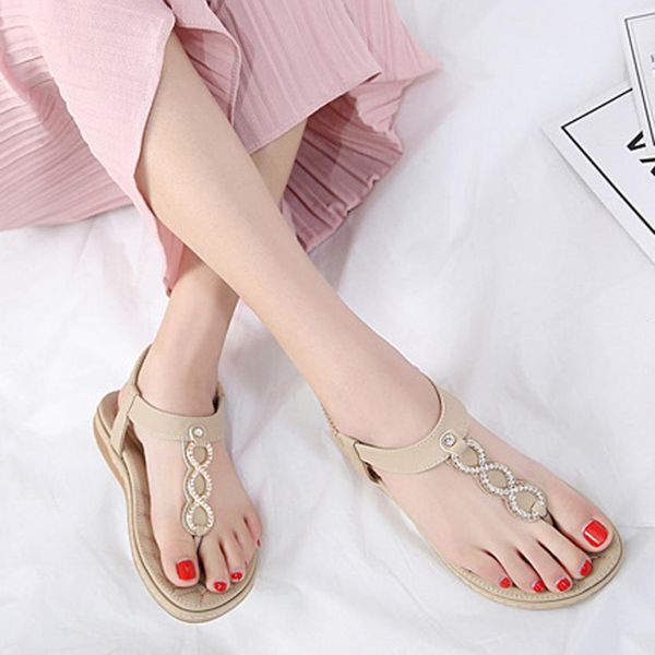 

fashion sandals summer women leather bohemia girls metal buckle rhinestone flat ankle sandals size 35-42 outdoor shoes slipperes, Black