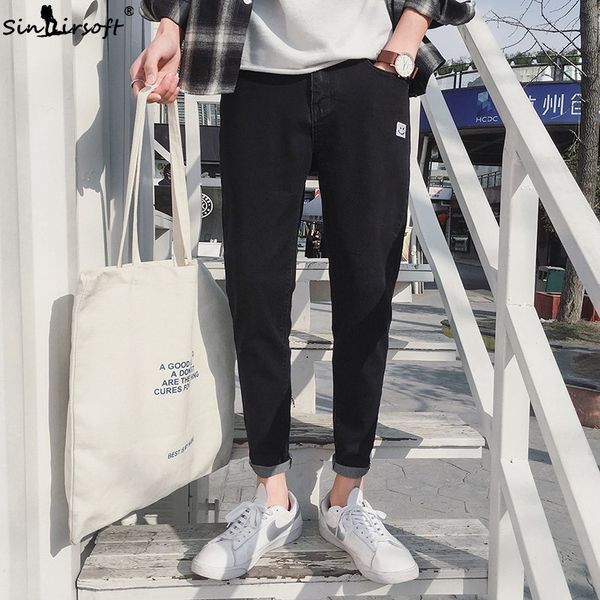 

casual slim mens denim ankle-length pants high waist pencil pants cartoon smile pattern streetwear skinny black jeans size 28-34, Blue