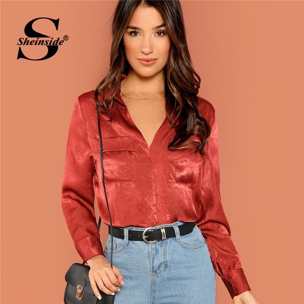 

sheinside rust dual pocket front solid female long sleeve blouse 2019 women autumn shirts curved hem womens and blouses, White