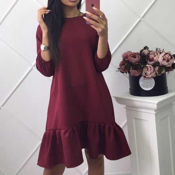 

women clothing winter autumn loose ruffled dress lantern sleeves round neck 3/4 sleeve dress, Black;gray