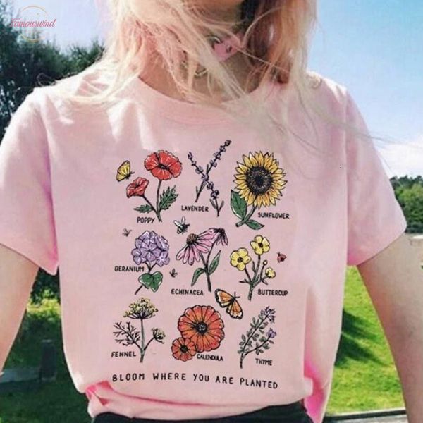 

bloom where you are planted botanical print women t shirt cotton sunflowers oversized colorful graphic tee girls tee, White