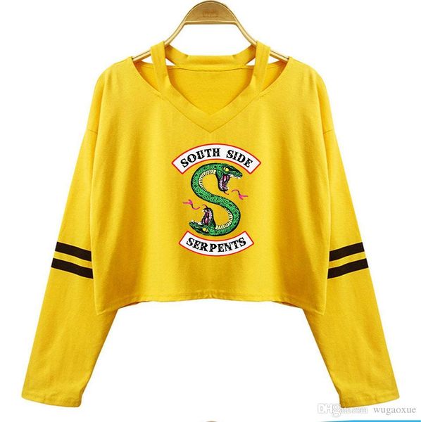 

2019 riverdale south side serpent long sleeve cotton crop t-shirt women off-shoulder tshirt girl streetwear clothes, White