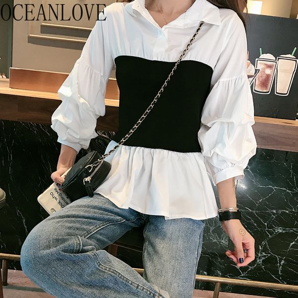 

oceanlove blouse women 2020 black white knitted patchwork shirts spring 2020 puff sleeve ins fashion blusas mujer new 15163