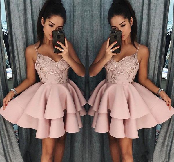 

dusty rose short homecoming dresses 2019 new fall spaghetti straps a line layers cocktail dress lace sequins mini prom gowns ba9891, Black