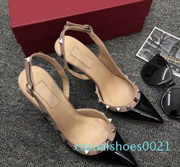 

designer pointed toe with studs high heels genuine leather rock rivets sandals women studded strappy dress shoes slingbacks pumps+box c21, Black