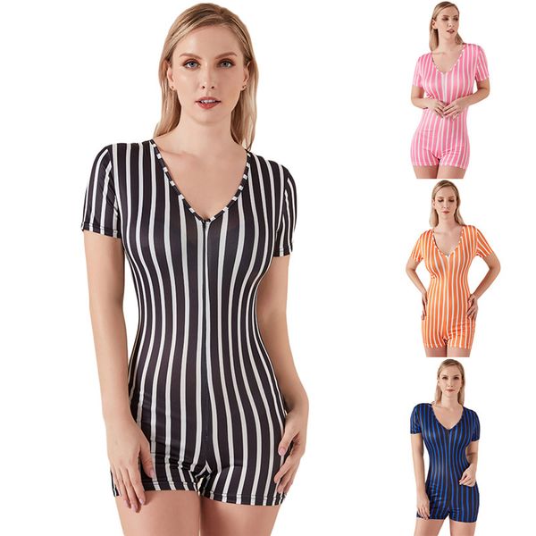 

fashionable women's jumpsuit tight-fitting v-neck stripes short sleeve bandage jumpsuit casual wild zipper, Black;white