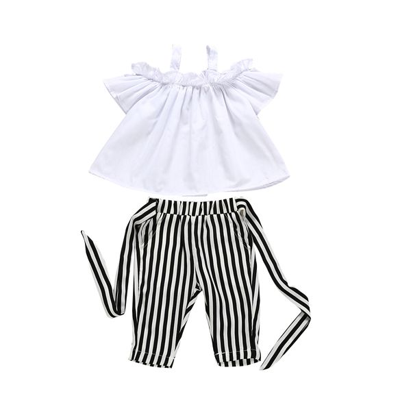 

Summer Children Princess Clothing 2-6Y Sweet Toddler Kid Baby Girl Sling Off Shoulder Tops T-Shirt Long Bow Striped Pants Outfit