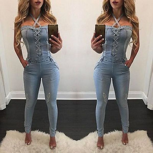 

2017 new fashion summer bandage women fashion denim jeans bib pants overalls straps jumpsuit rompers trousers, Blue