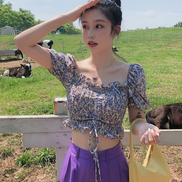 

women chiffon shirt fashion wild square collar short sleeves blouse pleated crop sweet floral print shirts, White