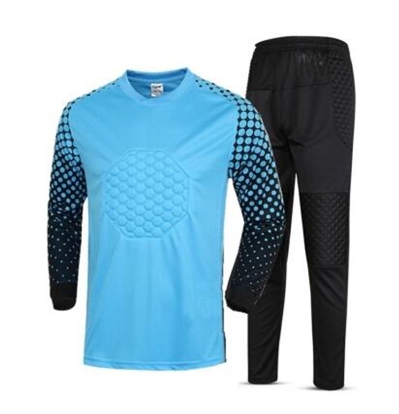 

long sleeve youth men goalkeeper soccer jersey kit tracksuit professional sponge protection goalie football uniform, Black;blue
