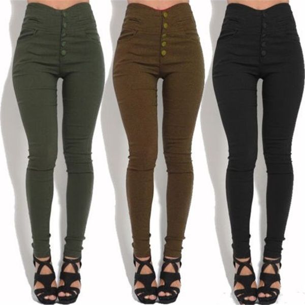 

fashion women's high waist skinny stretch pencil pants slim fit trousers stylish female black/army green/brown button long pants, Black;white