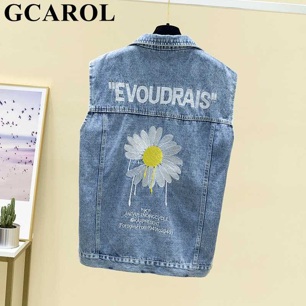 

gcarol women daisy letter embroidery denim waistcoat sleeveless denim jacket oversized streetwear versatile vest for 4 season, Black;white