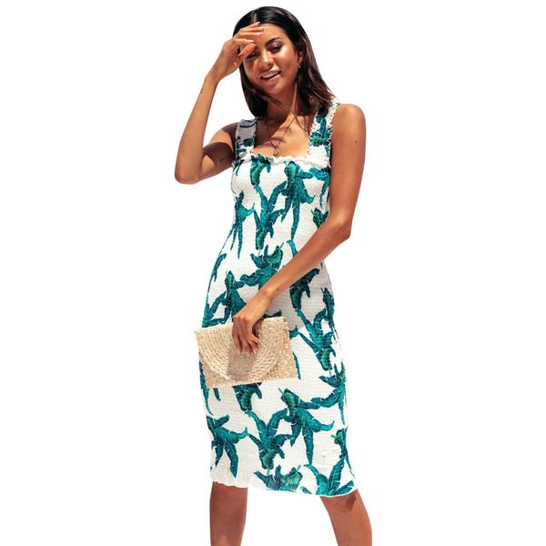 

casual polyester party sleeveless spring summer bohemian style shopping floral print spaghetti strap slim fit women midi dress, Black;gray