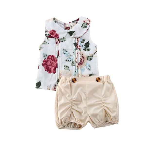 

0-24m newborn infant kids baby girl clothes cotton sleeveless t-shirts+shorts pants 2pcs summer outfits set, White