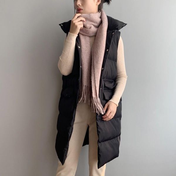 

autumn winter women solid oversize vest jacket o-neck loose single breasted long vest korean turtleneck pockets coat, Black;white