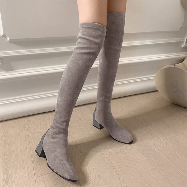 

womens over the knee thigh high boots 2020 new winter ladies shoes suede middle block heels stretch socks long boots size 42 43, Black