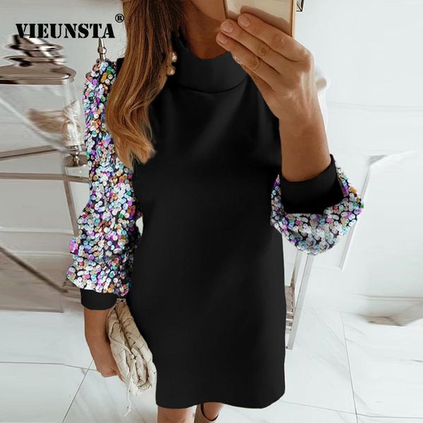 

office lady dress elegant button turtleneck autumn winter dress women new fashion sequins long sleeve a-line party dress vestido, Black;gray