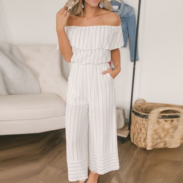 

fashion women casual off shoulder short sleeve stripe ruffles loose jumpsuit streetwear overalls for women playsuit, Black;white