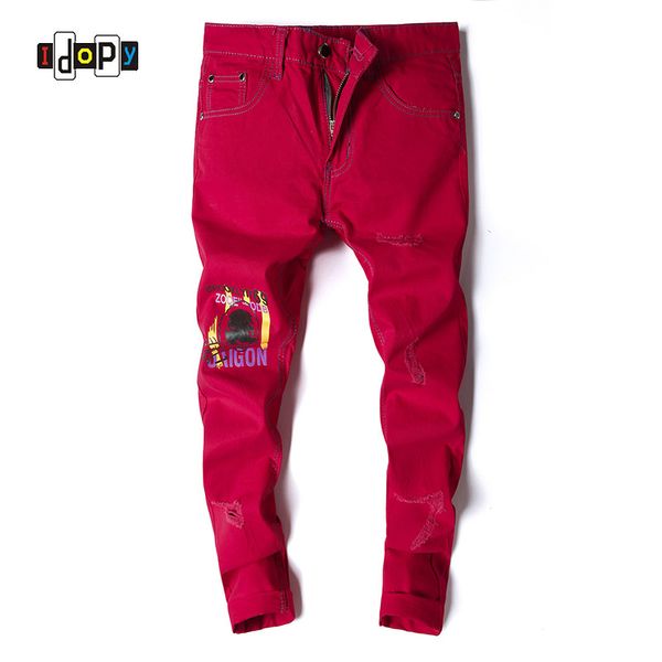 

idopy fashion men's skinny fit ripped jeans printed stretch denim pants washed elastic red jean trousers for men, Blue
