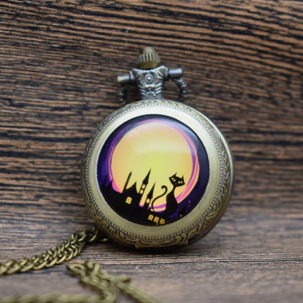 

pocket watches vintage halloween bronze quartz pocket watch men/women pendant necklace watches christmas gifts cat watch, Slivery;golden