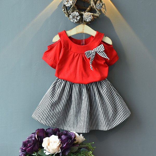 

baby girl fashion red summer short sleeve cotton t-shirt blouse+plaid print short skirts casual outfits set, White