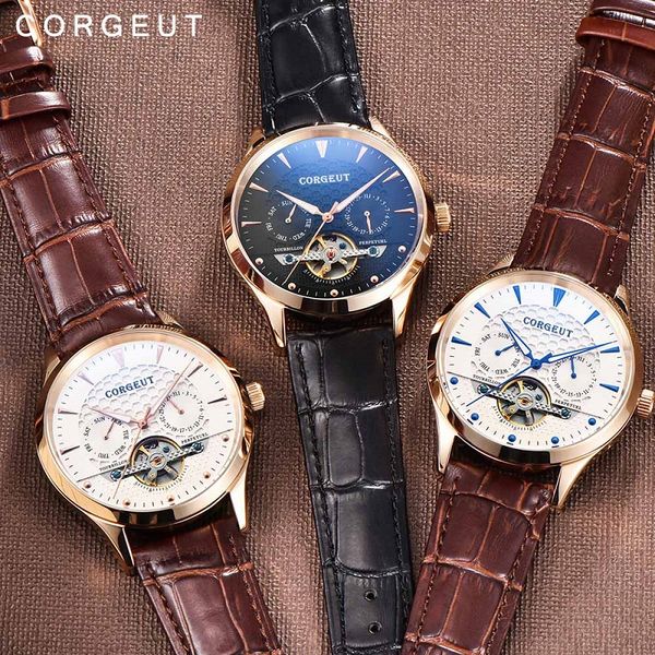 

corgeut 44mm skeleton mechanical automatic watch men sport moon phase rose gold leather wrist watches, Slivery;brown