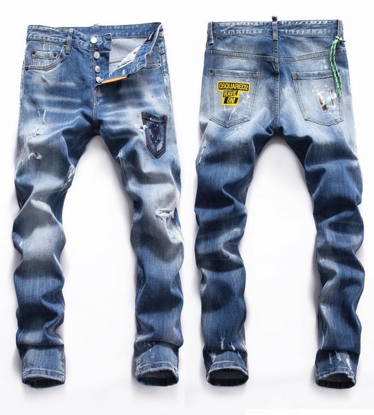 

mens ripped painted blue jeans fashion designer slim fit low waist biker denim pants hip hop trousers nj8058