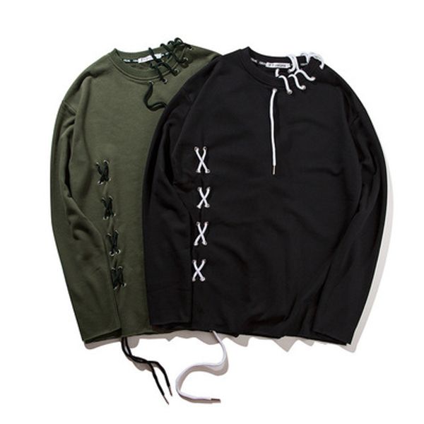 

mens high street black hoodies kanye loose solid fashion ropes sweatshirts male 2019 casual o-neck