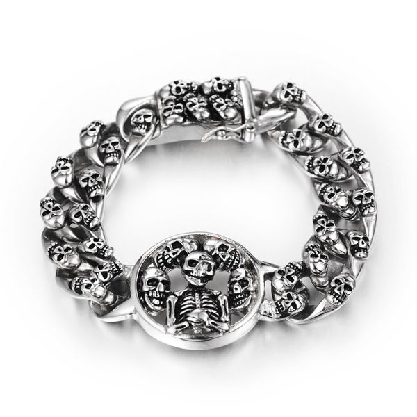 

skull charm skeleton bracelet men's stainless steel shiny skull charm link chain bracelets punk long bracelets for men, Black