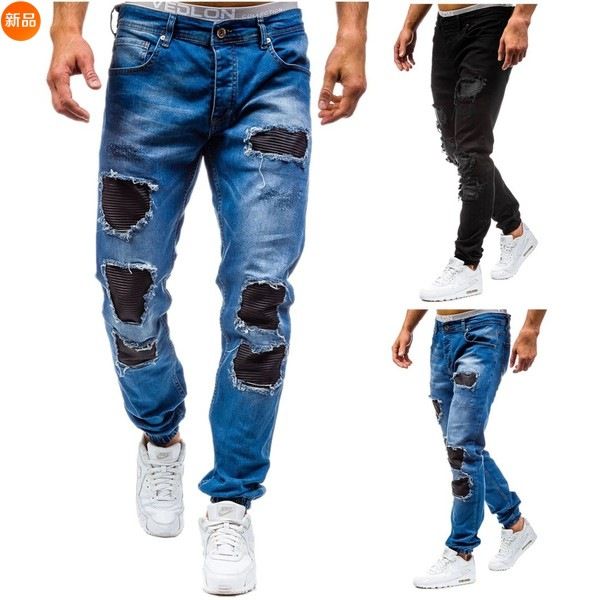 

dark blue wash ripped men's holes cotton jeans men's slim fit moto biker jean fashion dropshipping plus size denim pants