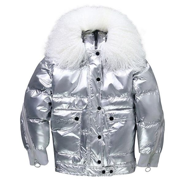

bright face down jacket female long section 2019 new large fur collar hooded thick white duck down jacket, Black