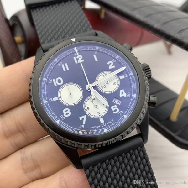 

1884 aviator 8 curtiss warhawk chronograph quartz black dial classic rubber band mens watch watches luminous hands and markers wristwatches, Slivery;brown