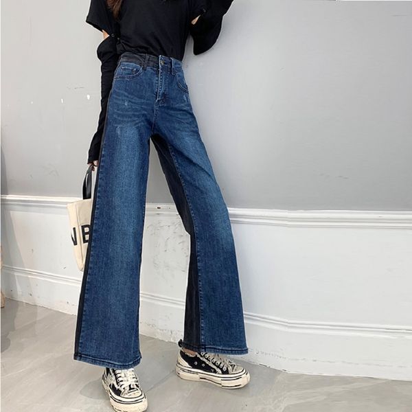 

2020 new designer harajuku bf high waist blue / black color patchwork wide leg women denim jeans casual europe long trousers